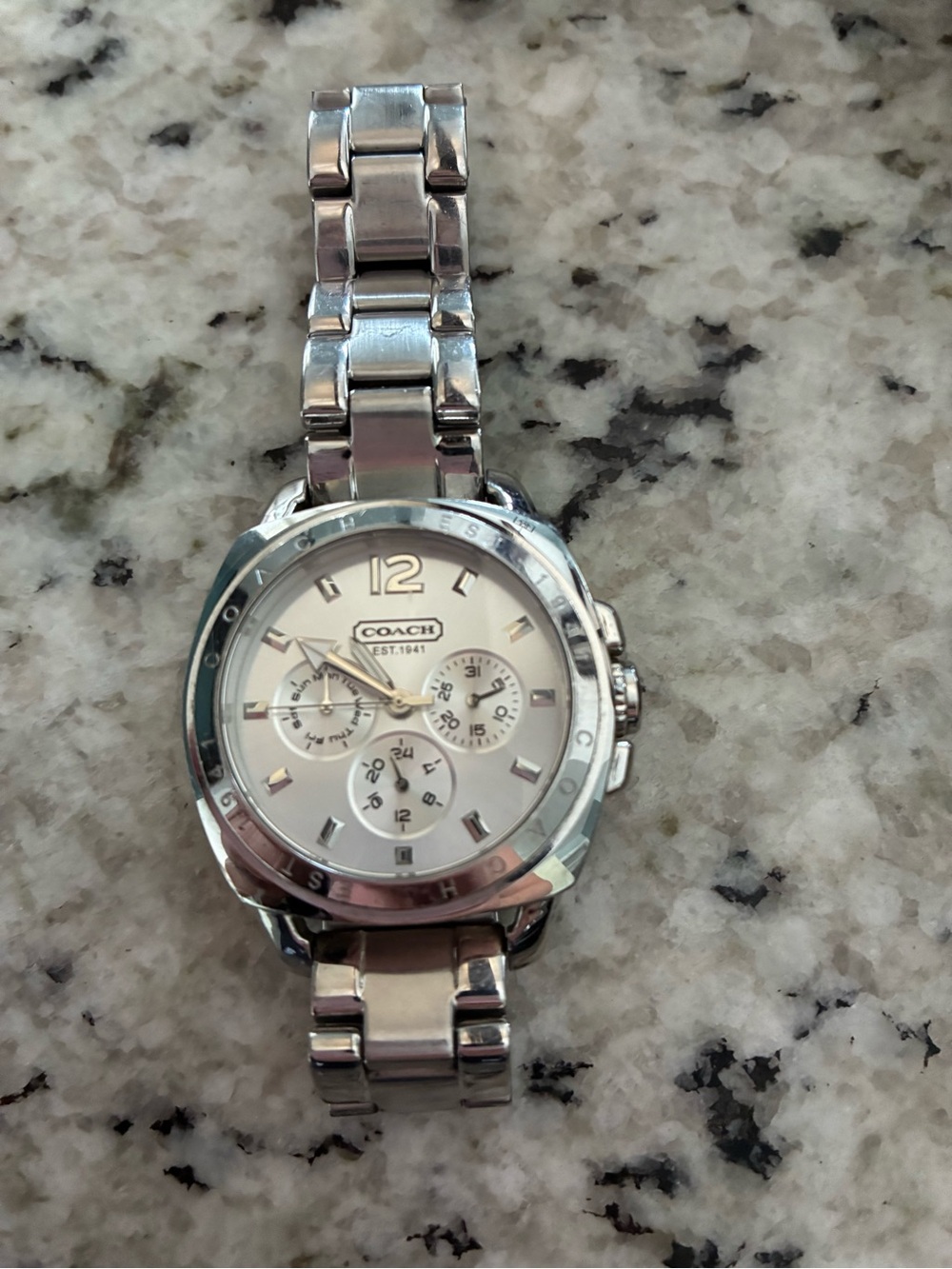 Coach Silver-Tone Steel Chronograph Watch with White Dial